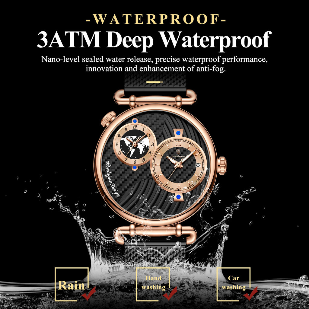 Poedagar 848 Men's Luxury Watch Dual Time Zone Retro Dial Mesh Stainless Steel Luminous Waterproof Formal Business Reloj Hombre
