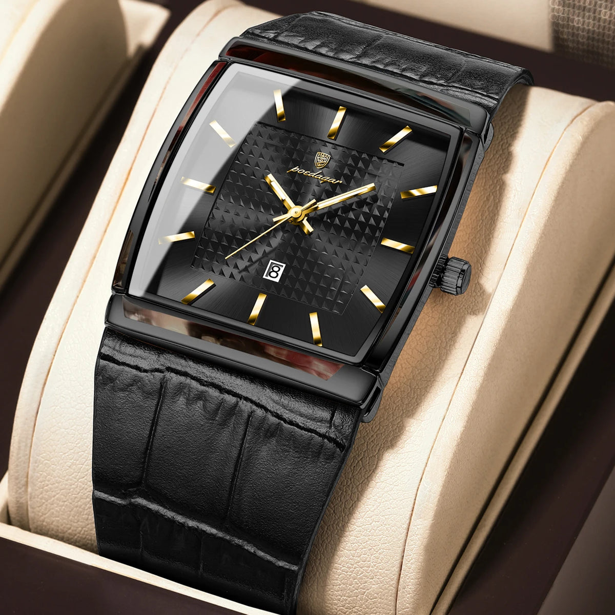 Poedagar 885 Men's Leather Quartz Watch Luminous Date Display Waterproof Luxury Fashion Watch Square Watch for Men