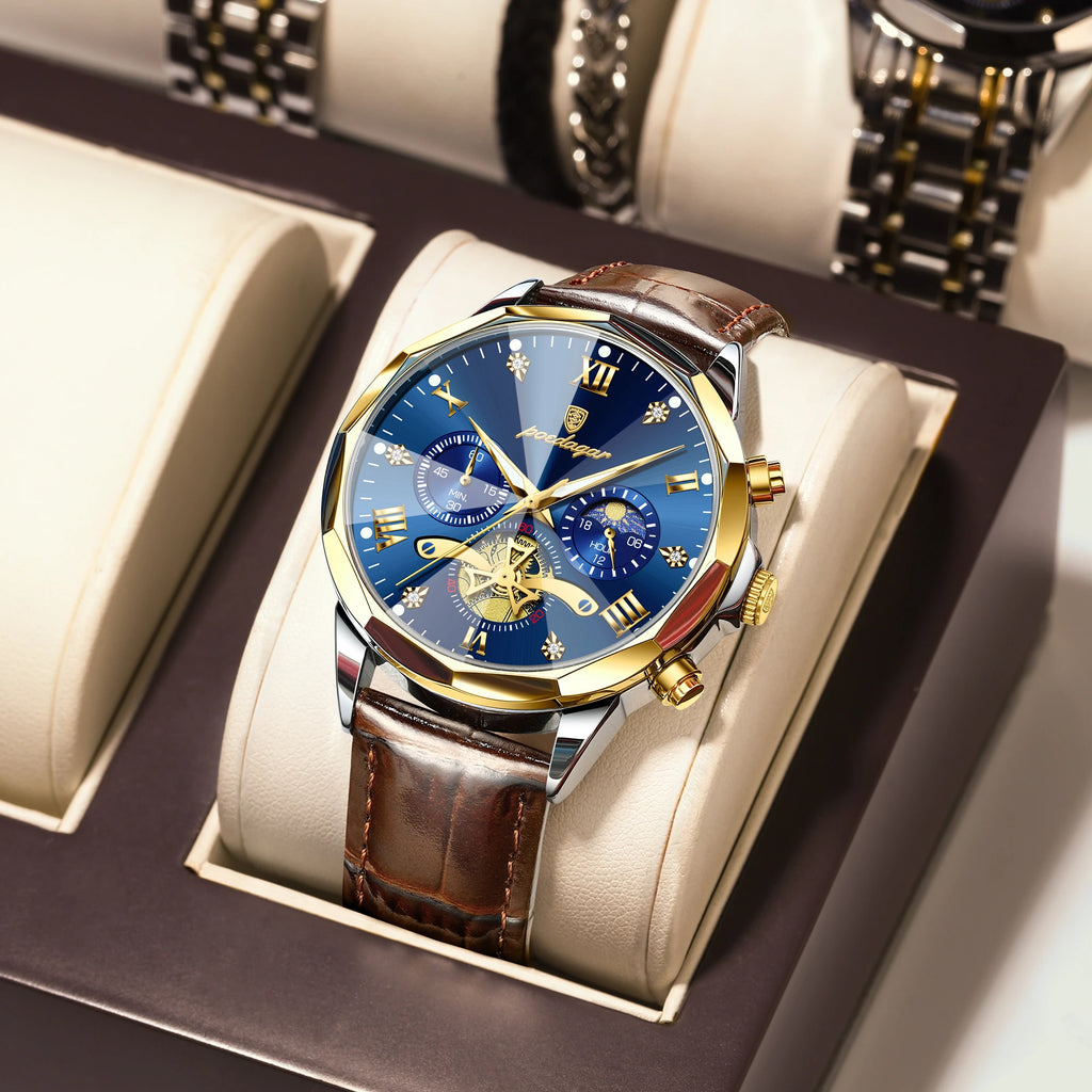 Poedagar Men's Luxury Leather Chronograph Quartz Watch Waterproof Luminous Watch for Men