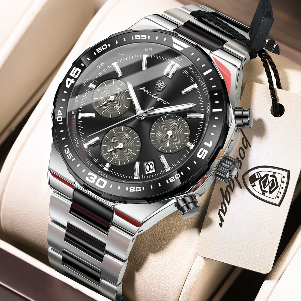 Poedagar 697 Men's Quartz Watch Business Casual Luminous Chronograph Waterproof Wristwatch Stainless Steel Strap Reloj Hombre