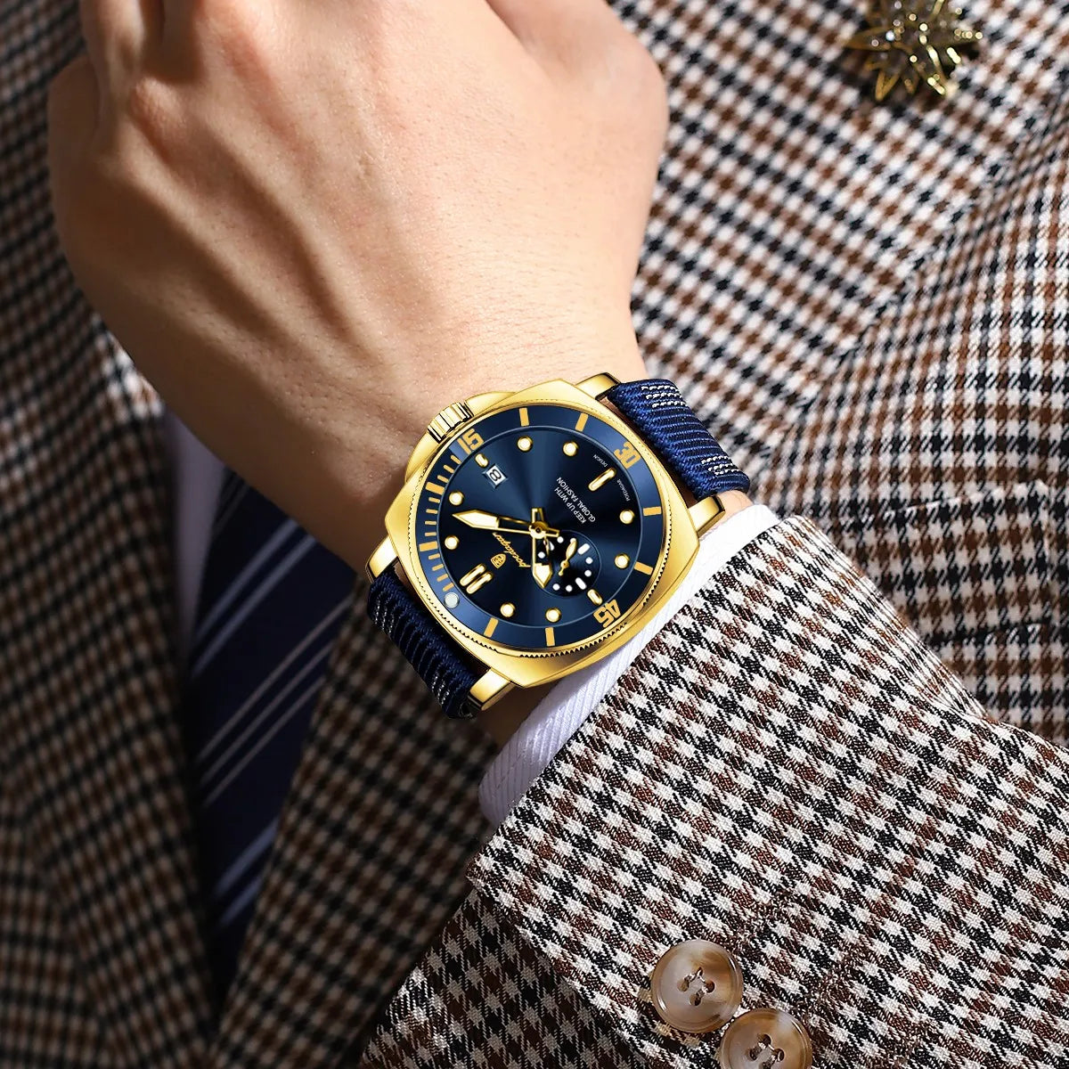 Poedagar 873 Luxury Mens Quartz Watch All Gold Nylon Strap Waterproof Luminous Wristwatch for Men Factory Wholesale Montre Homme