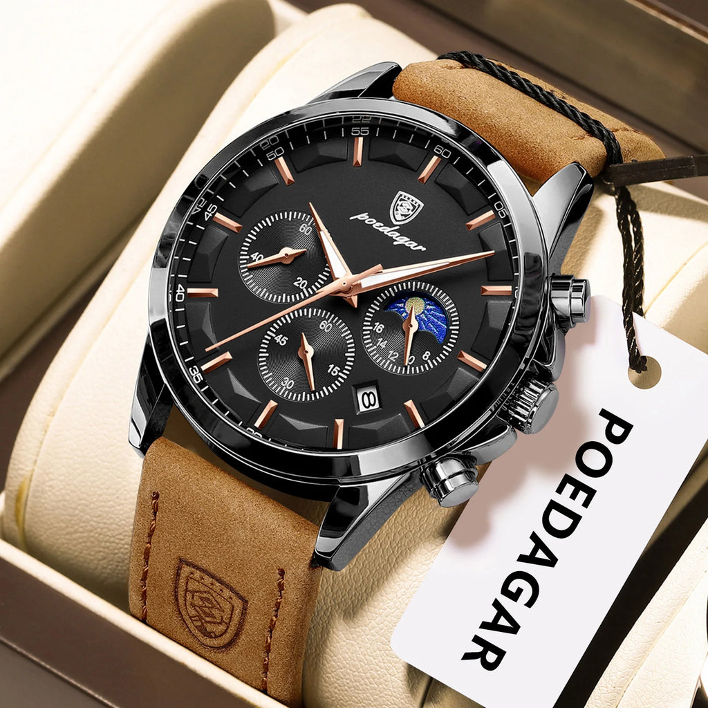 Poedagar 928 Luxury Men Watch Moon Phase Chronograph Relief Dial Leather Strap Luminous Waterproof Business Sport Watch for Men