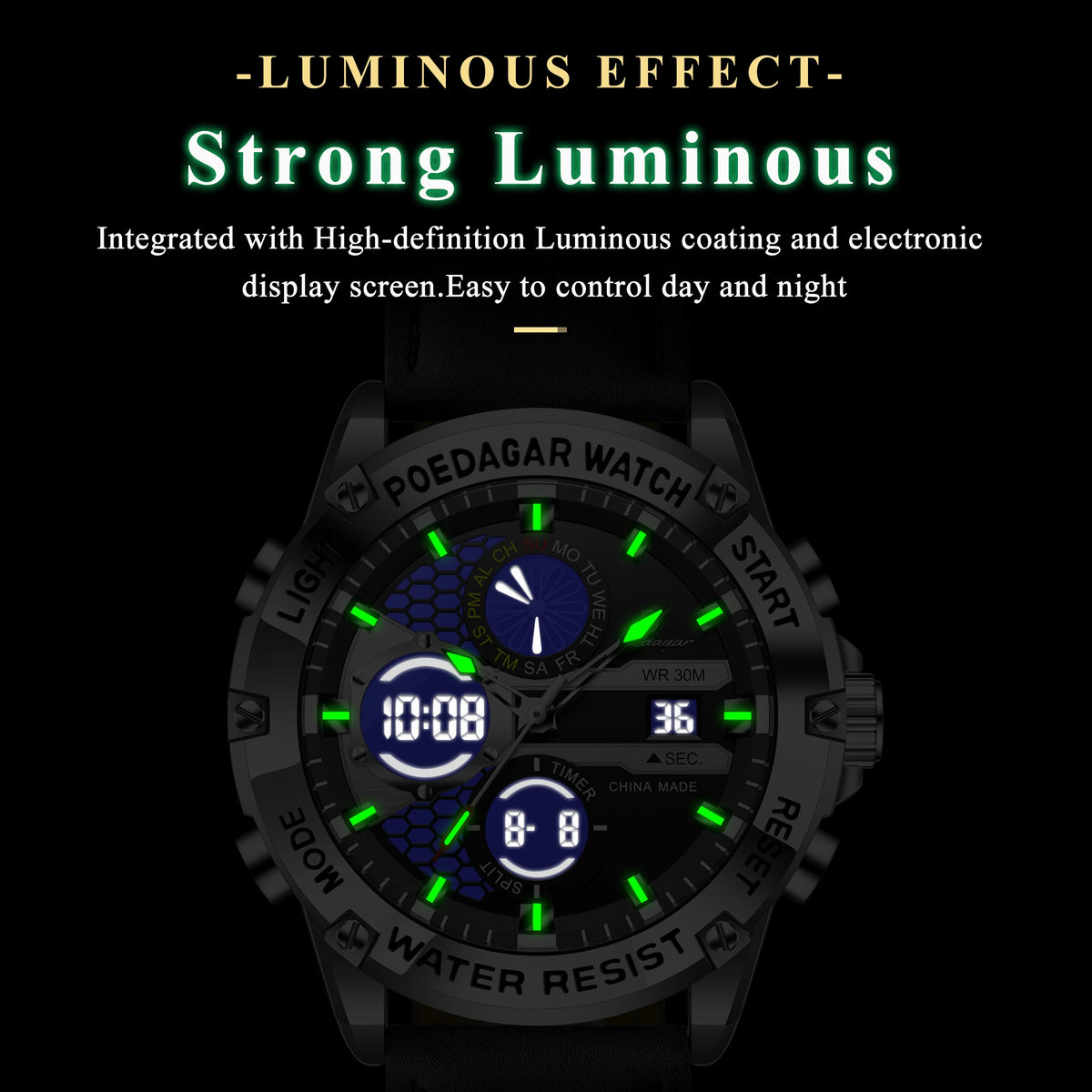 Poedagar E125 Men's Watch Dual Display Digital Analog Quartz Watches Luminous Waterproof Leather Strap Sports Wristwatch for Men