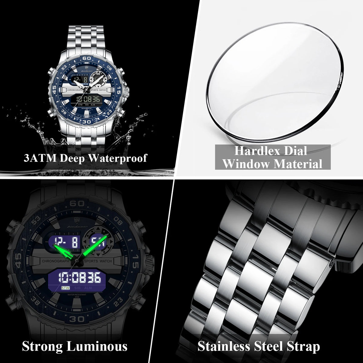 Poedagar E122 Men's Multifunctionality Chronograph Quartz Watch Stainless Steel Bracelet Alloy Case 3BAR Water Resistant