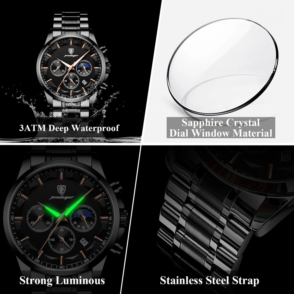 Ready to Ship Poedagar 928 Men Watch Luxury Moon Phase Chronograph Relief Dial Stainless Steel Luminous Waterproof Watch for Men