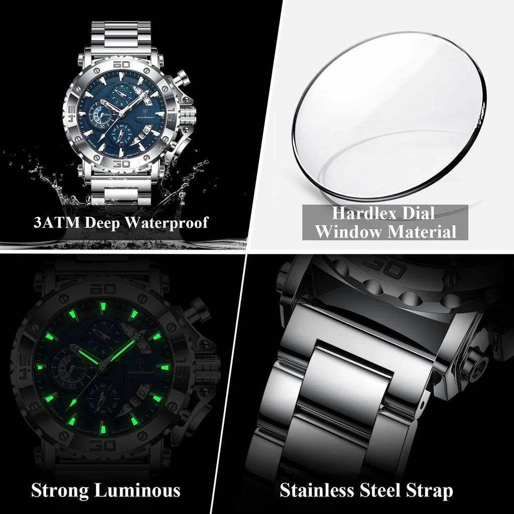 Poedagar 892 Luxury Chronograph Stainless Steel Men's Quartz Watches Reloj Luminous Waterproof Watch for Men
