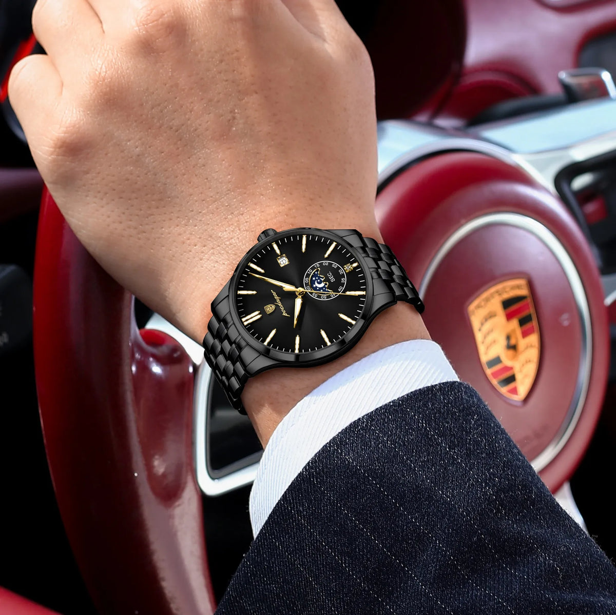 Poedagar 854 Men's Watch Stainless Steel Bracelet Moon Phase Watch Reloj Hombre Calendar Waterproof Business Wristwatch for Men