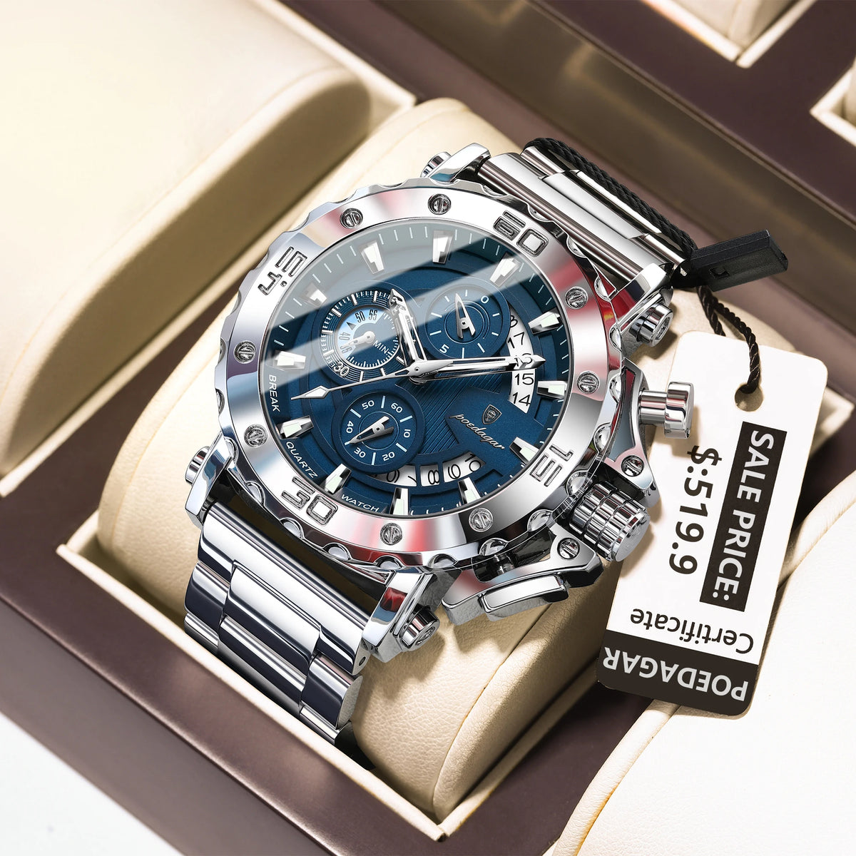 Poedagar 892 Luxury Chronograph Stainless Steel Men's Quartz Watches Reloj Luminous Waterproof Watch for Men