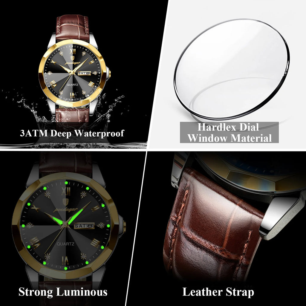 Poedagar 810 Men's Watch Luxury Leather Strap Quartz Watches Date Week Moissanite Watch Waterproof Luminous Casual Watch for Men