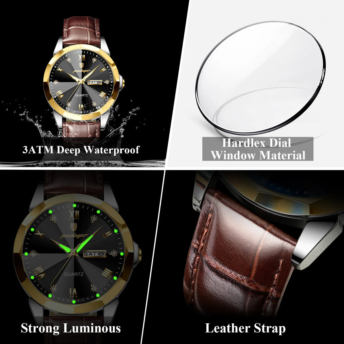 Poedagar 810 Men's Watch Luxury Leather Strap Quartz Watches Date Week Moissanite Watch Waterproof Luminous Casual Watch for Men