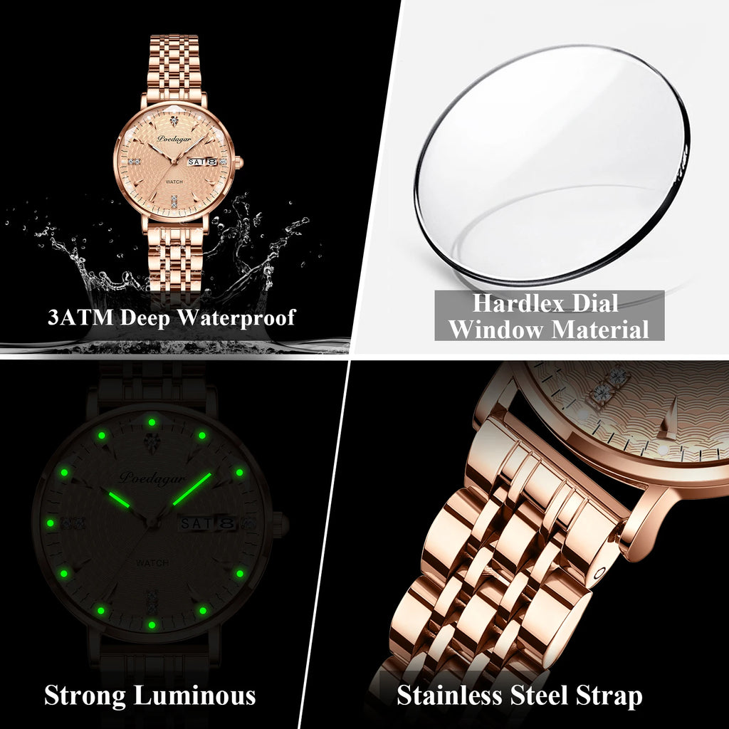 Poedagar 312 Luxury Ladies Watch & Bracelet Gift Set Stainless Steel Date Week Quartz Watches Waterproof Luminous Watch for Girl