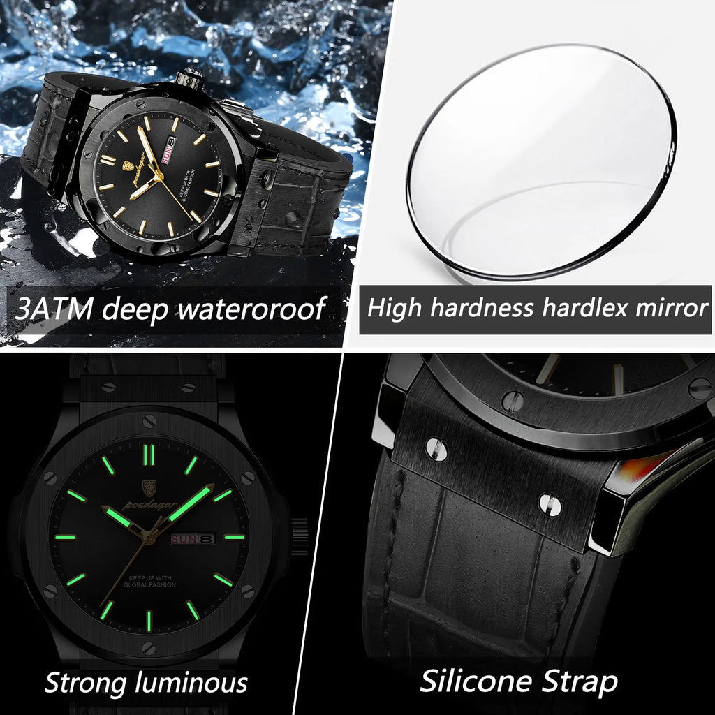 Poedagar 952 Men's Watch Luxury Sports Reloj Silicone Strap Quartz Wristwatches Date Week Waterproof Luminous Watch for Men