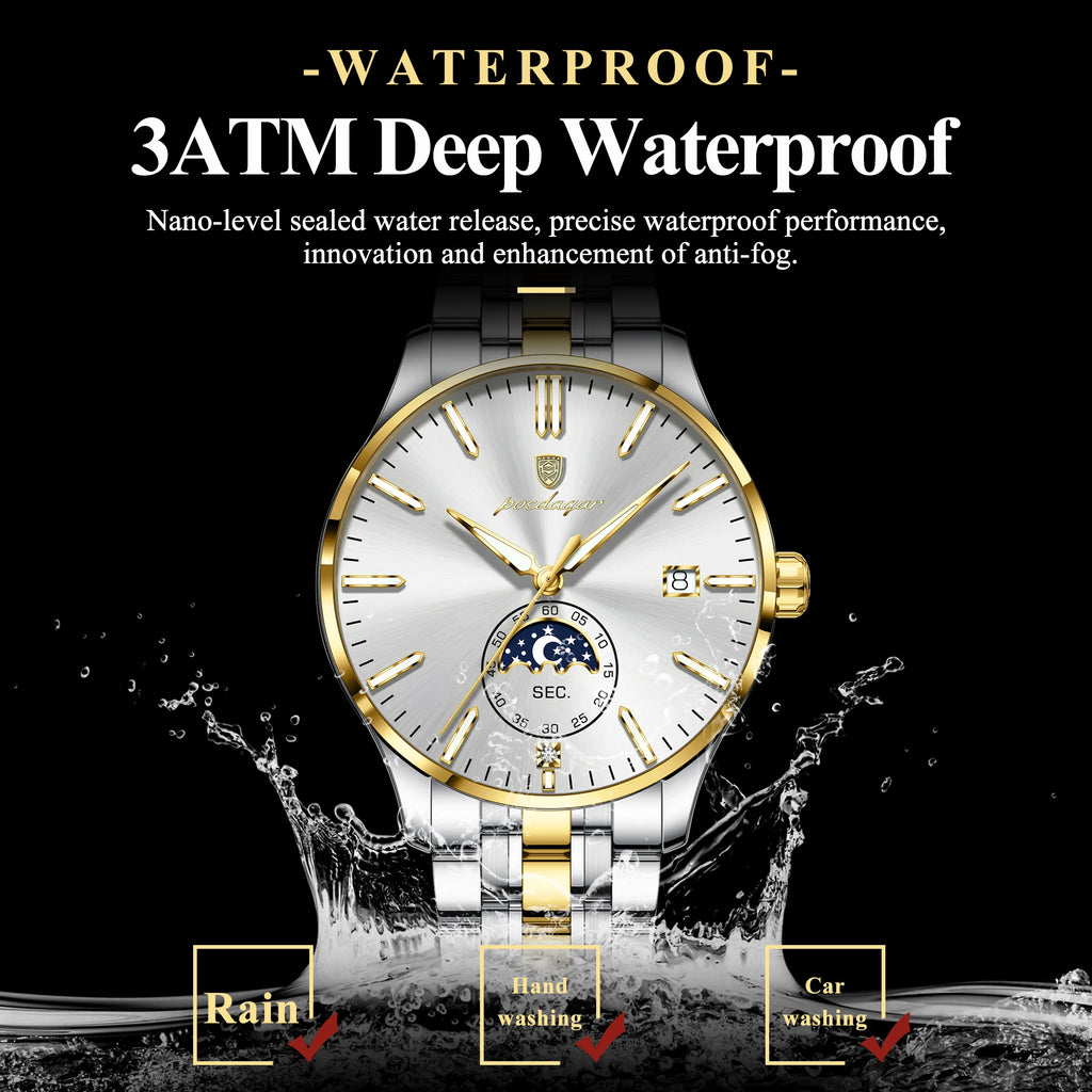 Poedagar 854 Men's Watches Luxury Moon Phase Stainless Steel Quartz Watch Reloj Calendar Waterproof Business Wristwatch for Men