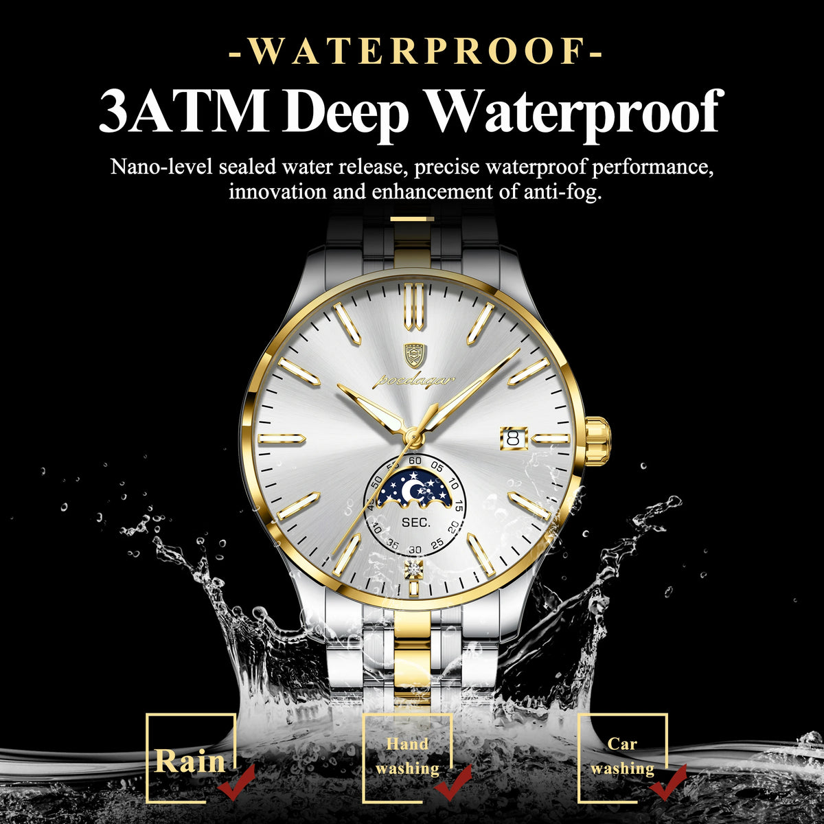 Poedagar 854 Men's Watches Luxury Moon Phase Stainless Steel Quartz Watch Reloj Calendar Waterproof Business Wristwatch for Men