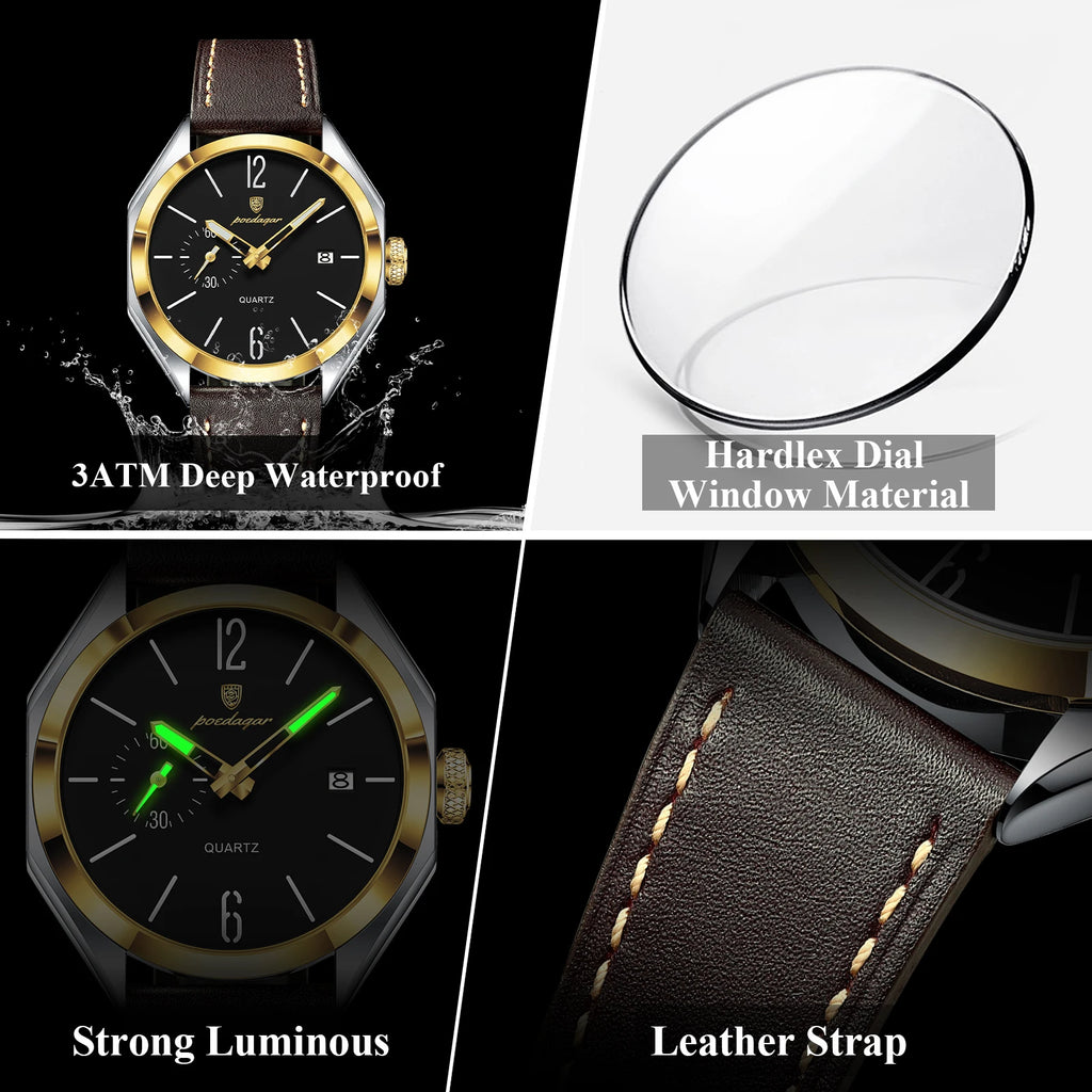 POEDAGAR 689 Quartz Watch Men Hardlex Dial Leather Strap 3ATM Waterproof Luminous Night Light Business Wristwatch