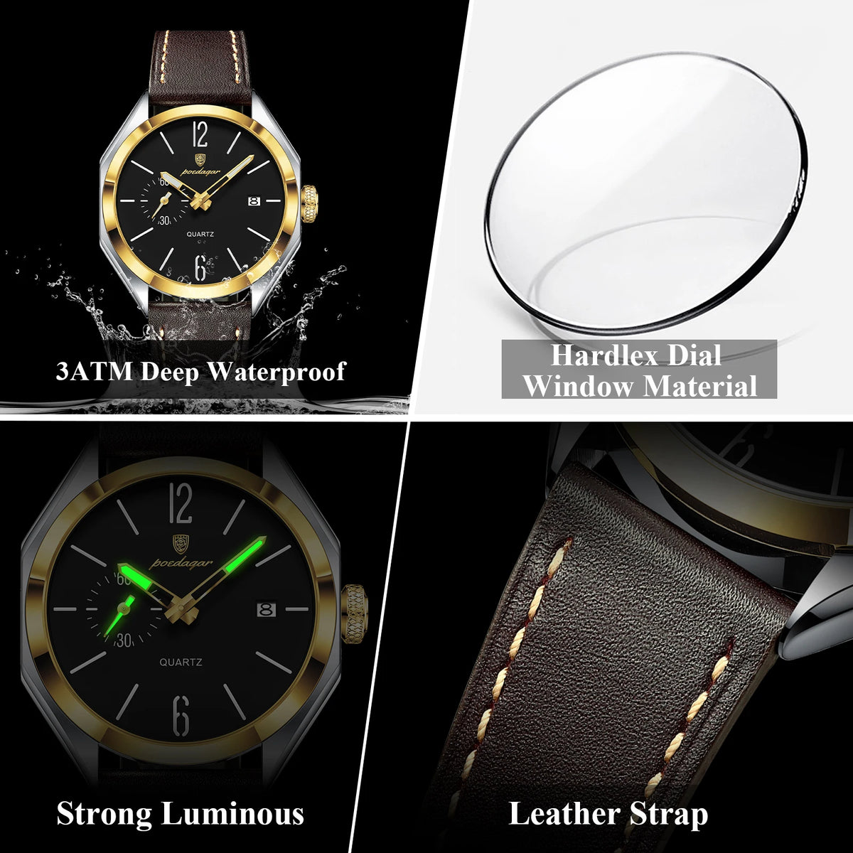 POEDAGAR 689 Quartz Watch Men Hardlex Dial Leather Strap 3ATM Waterproof Luminous Night Light Business Wristwatch