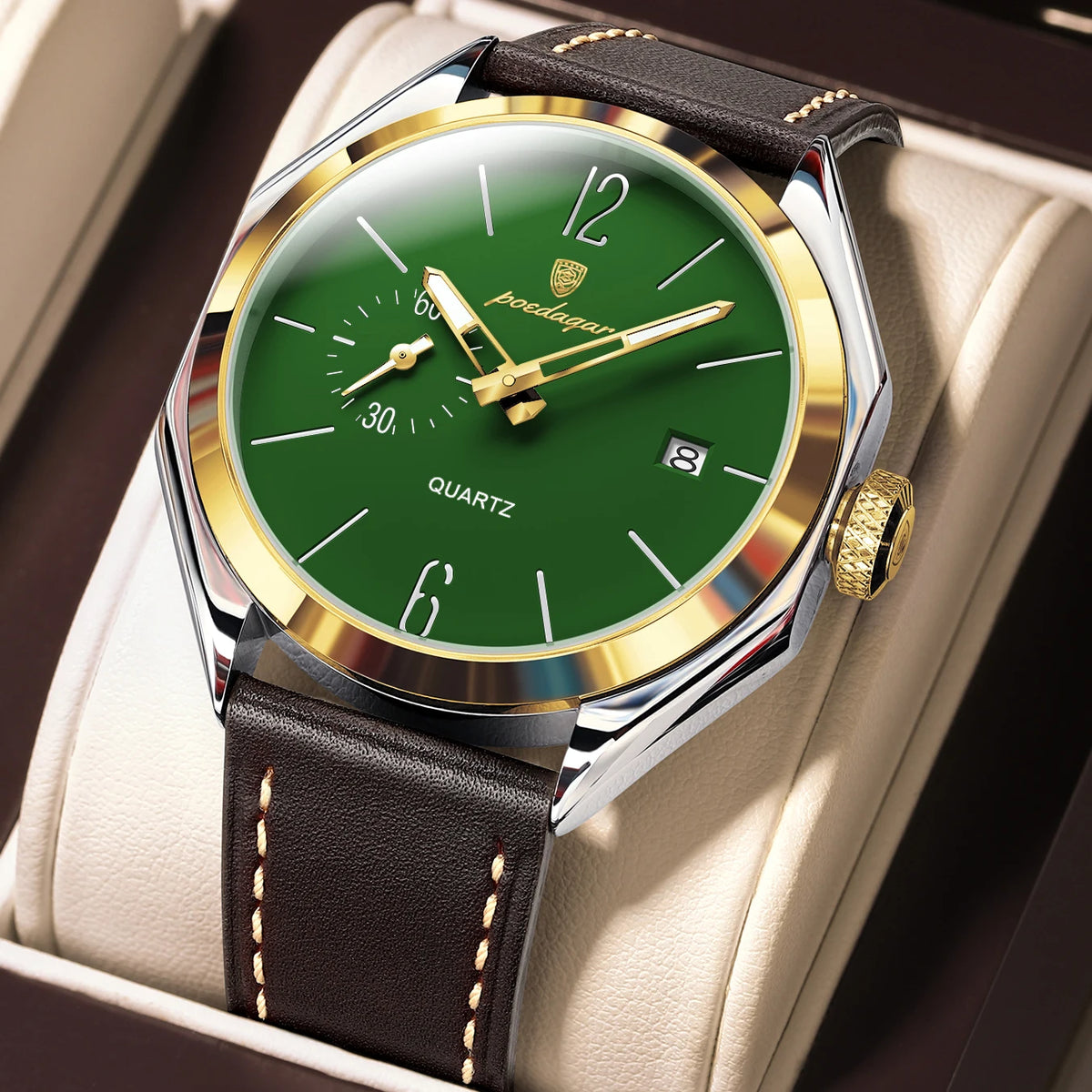 Poedagar 689 Luxury Mens Quartz Watch Geometric Dial Waterproof Leather Strap Casual Wristwatch Wholesale Relogio Masculino