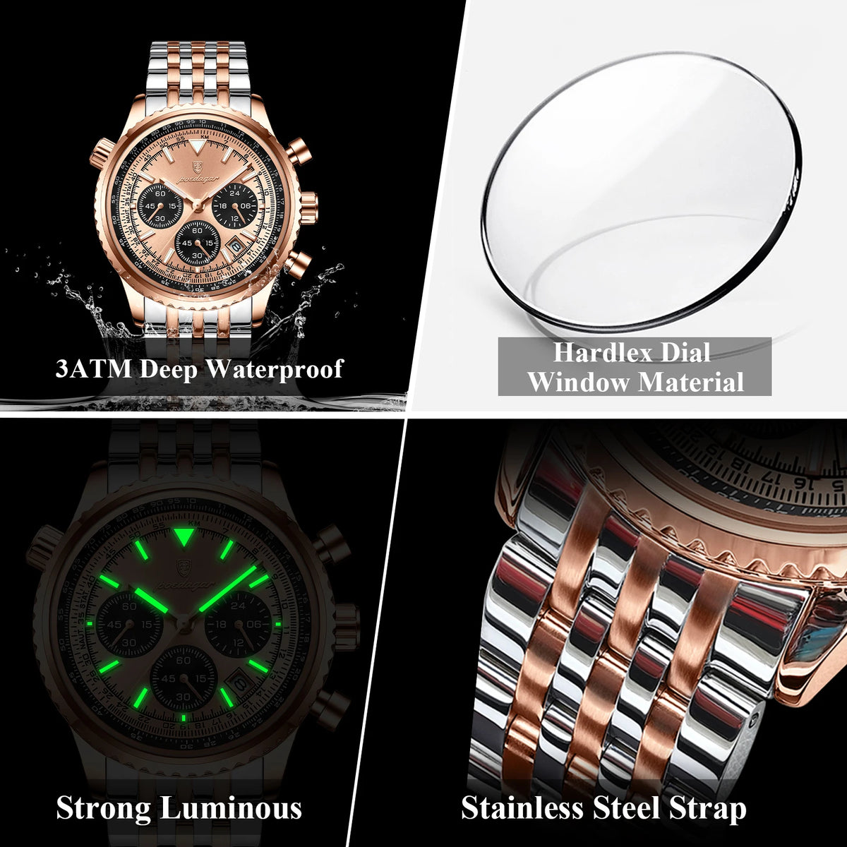 Poedagar 960 Luxury Business Men Watch Chronograph Stainless Steel Quartz Wristwatch Sport Fashion Waterproof Luminous Date