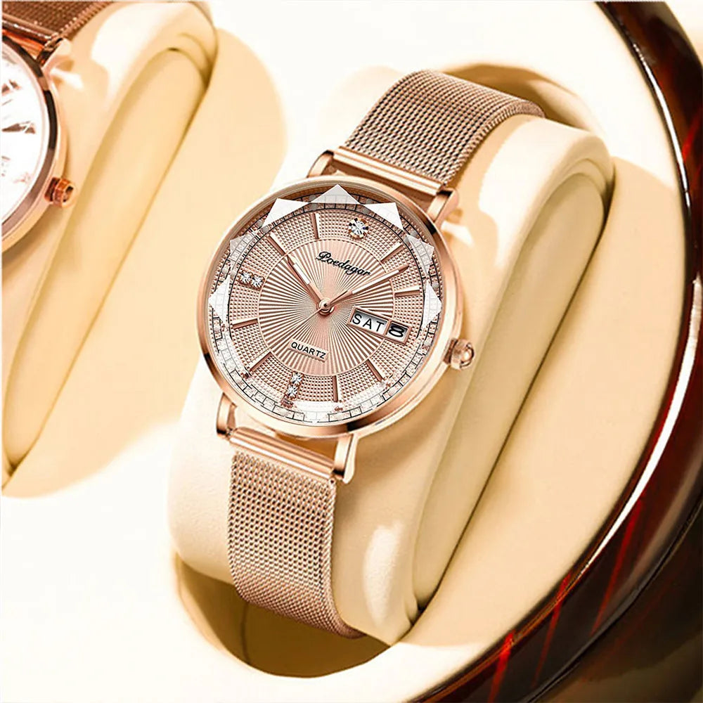 Poedagar Diamond Ladies Watches Stainless Steel Mesh Luxury Watch Bands Waterproof Calendar Quartz Watches for Women