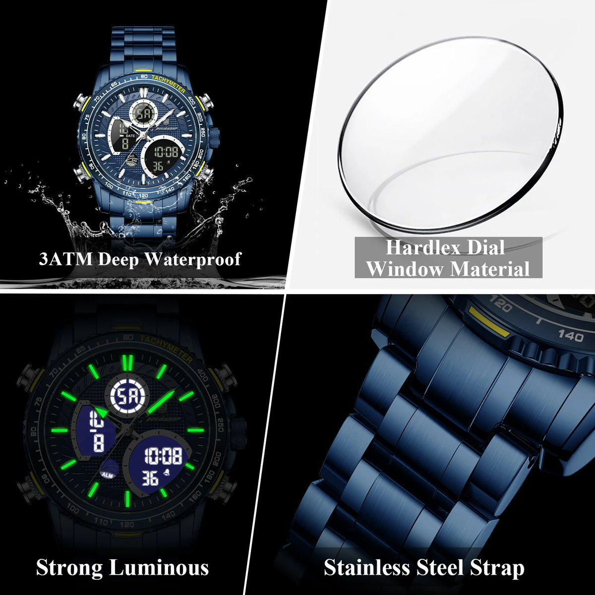 Poedagar E127 Men's Watch Luxury Analog-Digital Watches Dual Display Herrenuhr Luminous Waterproof Stainless Steel Watch for Men