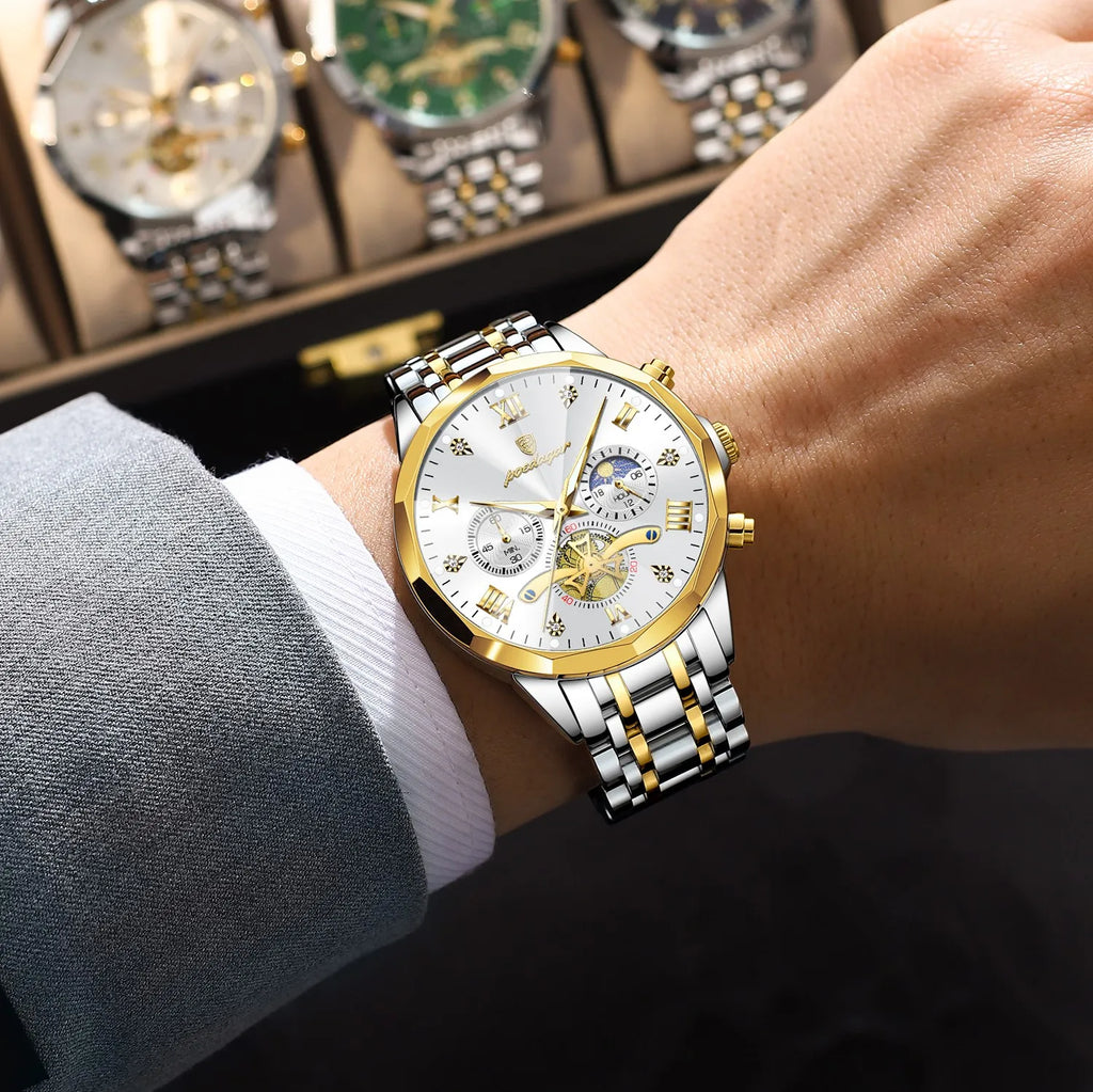 Poedagar 938 Men's Luxury Watch Business Stainless Steel Chronograph Quartz Wristwatch Waterproof Luminous Watch for Men Montre