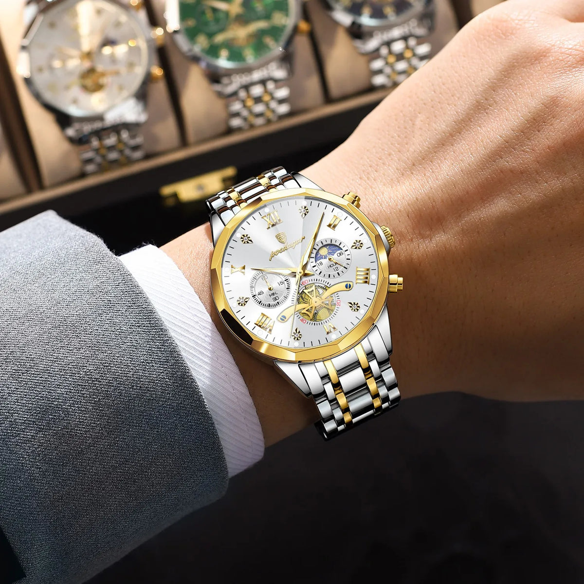 Poedagar 938 Men's Luxury Watch Business Stainless Steel Chronograph Quartz Wristwatch Waterproof Luminous Watch for Men Montre