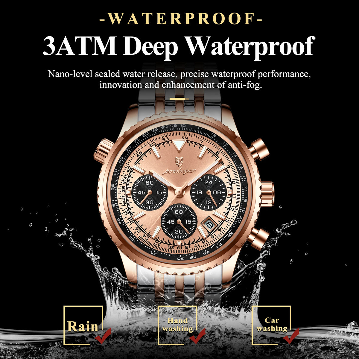 Poedagar 960 Luxury Business Men Watch Chronograph Stainless Steel Quartz Wristwatch Sport Fashion Waterproof Luminous Date