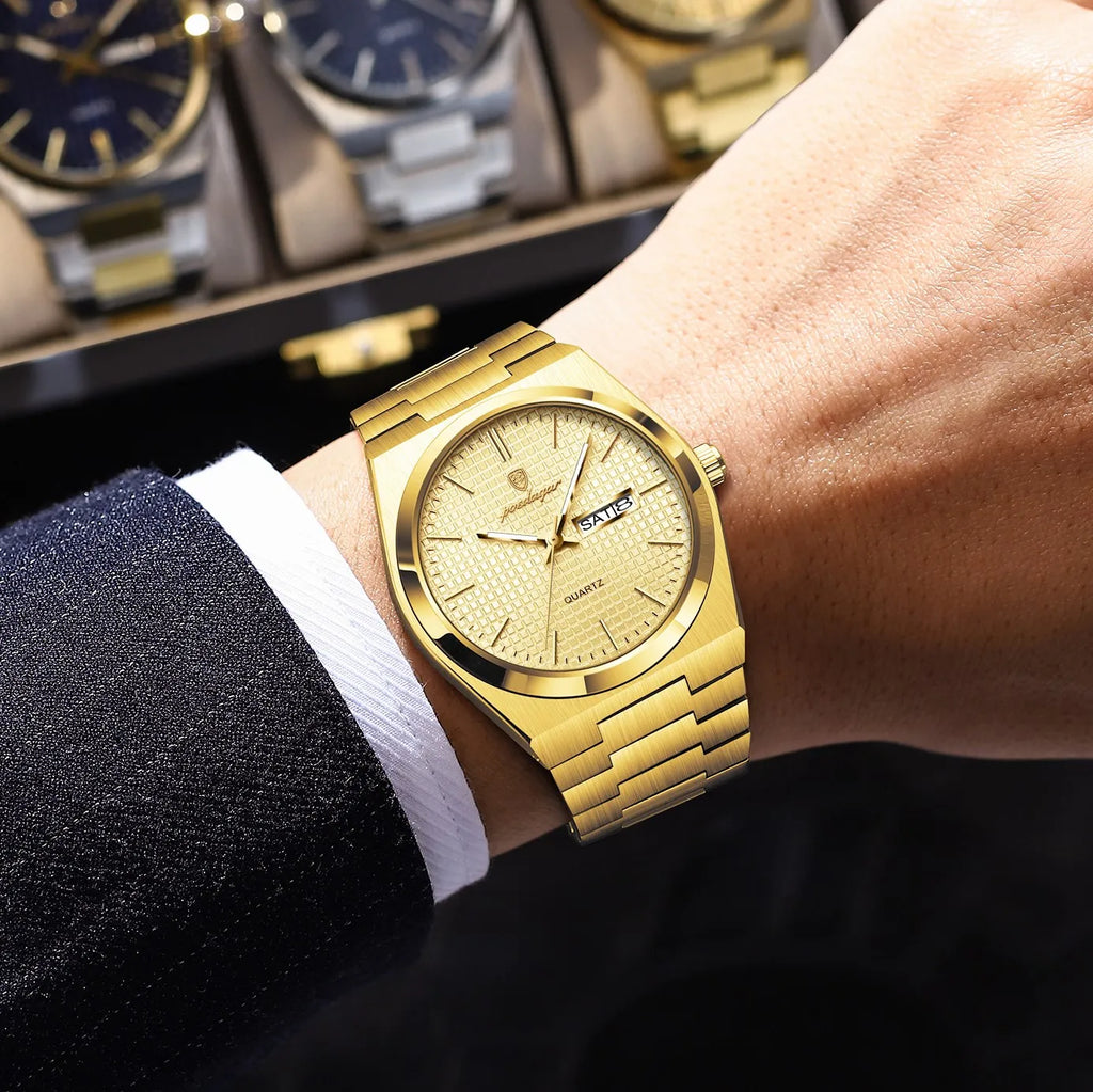 Poedagar 821 Men Watch Business Luxury Grid Dial Reloj Hombre Date Luminous Stainless Steel Quartz Watch for Men Waterproof