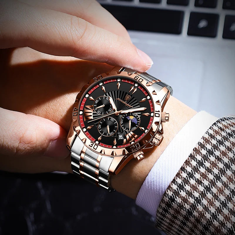 Poedagar 968 Men Wristwatch Waterproof Luminous Chronograph Quartz Watches Stainless Steel Watch for Men