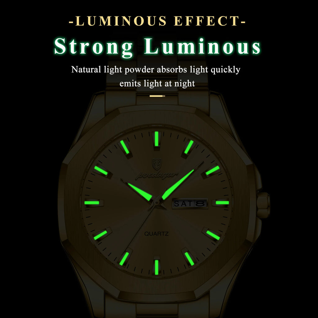 Poedagar 875 Luxury Mens Watch All Gold Octagonal Case Stainless Steel Quartz Watch Reloj Luminous Waterproof Wristwatch for Men