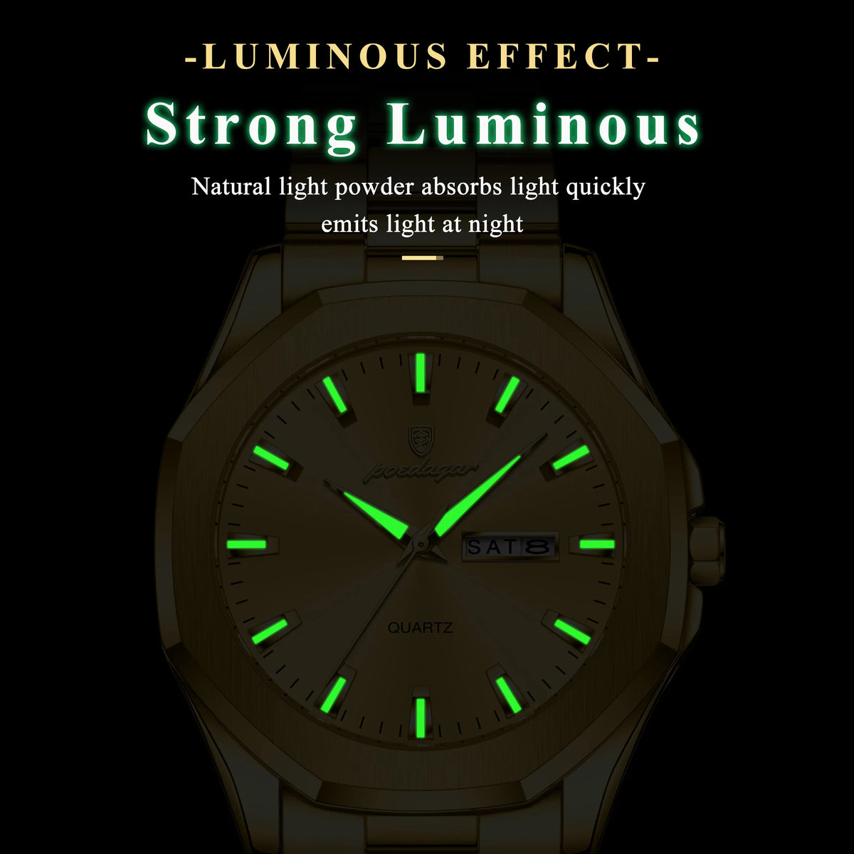 Poedagar 875 Luxury Mens Watch All Gold Octagonal Case Stainless Steel Quartz Watch Reloj Luminous Waterproof Wristwatch for Men