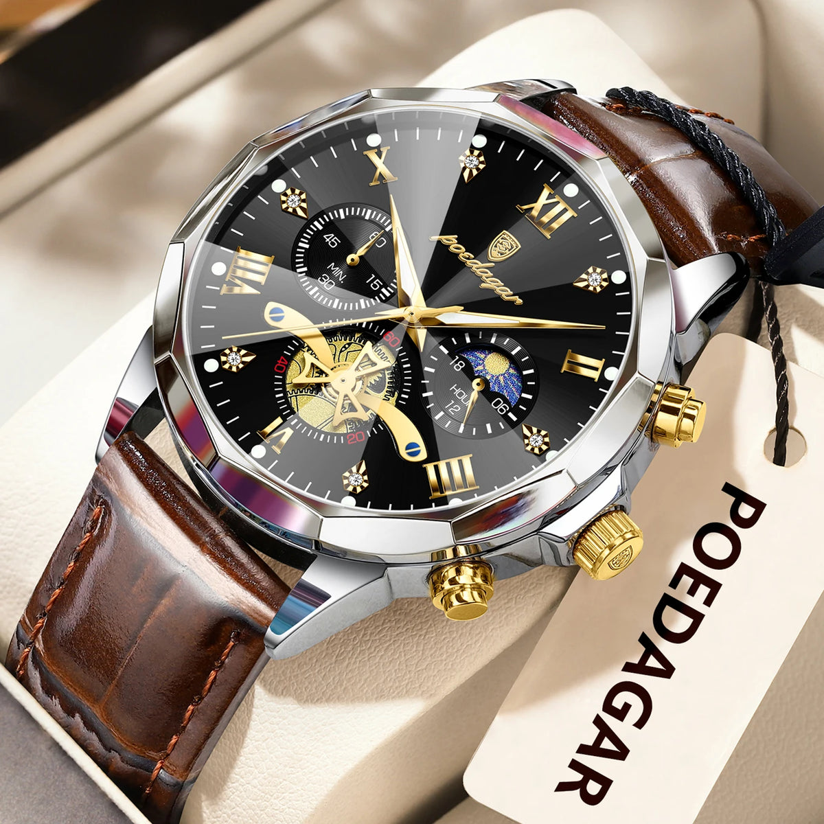 Poedagar 938 Men's Quartz Watches Luxury Leather Strap Waterproof Quartz Watch Reloj Hombre Luminous Chronograph Watch for Men