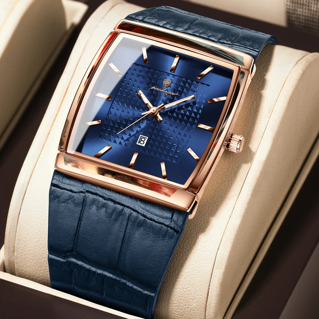 Poedagar 885 Men's Leather Quartz Watch Luminous Date Display Waterproof Luxury Fashion Watch Square Watch for Men