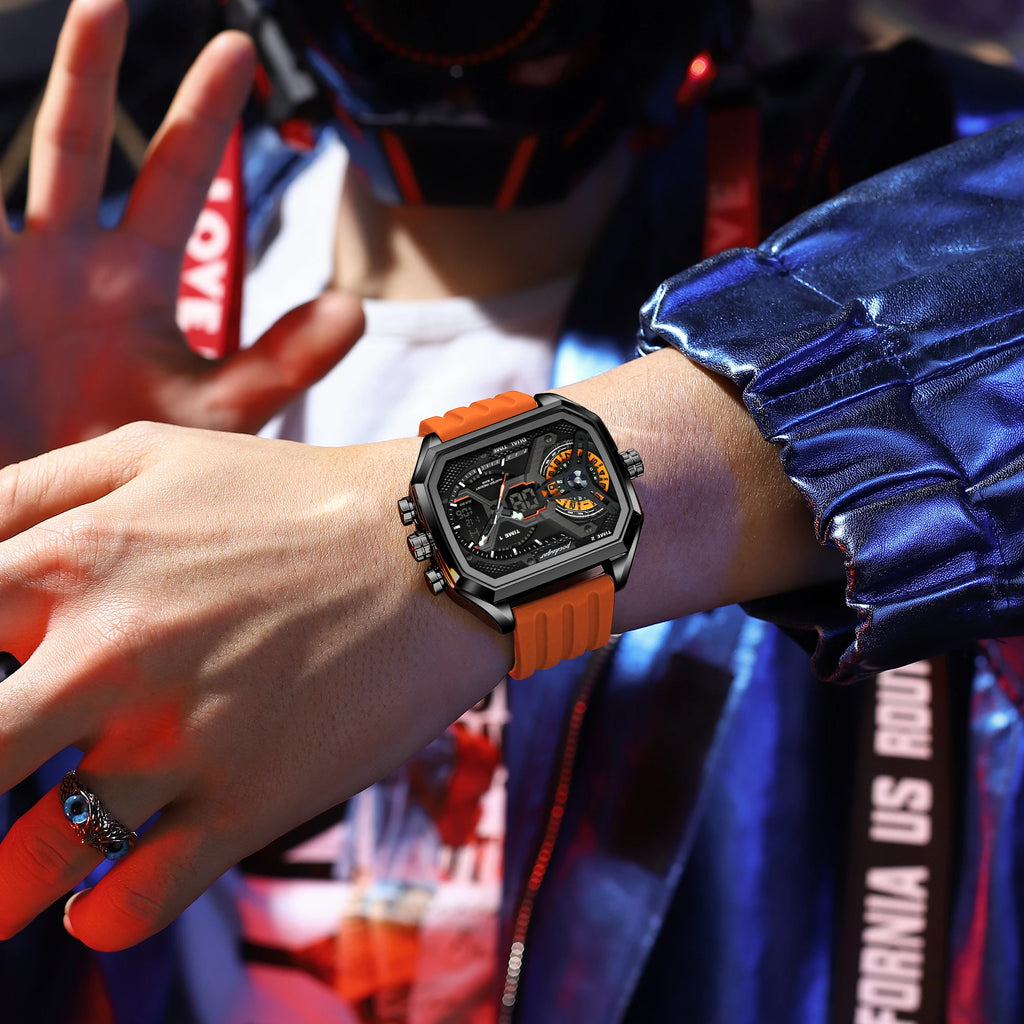 Poedagar E106 Mens Watches Silicone Strap Multifunctional Chronograph Relojes Waterproof Luminous Quartz Digital Watch for Men