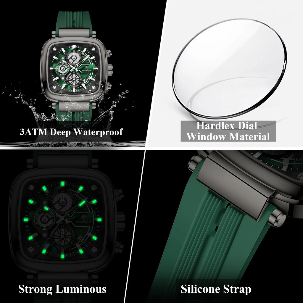 Poedagar 849 Luxury Men Watch Square Large Case Chronograph Quartz Wristwatch Silicone Strap Luminous Waterproof Factory Direct