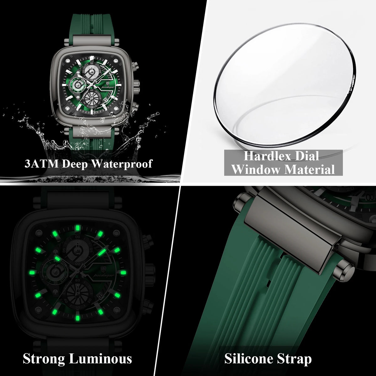 Poedagar 849 Luxury Men Watch Square Large Case Chronograph Quartz Wristwatch Silicone Strap Luminous Waterproof Factory Direct