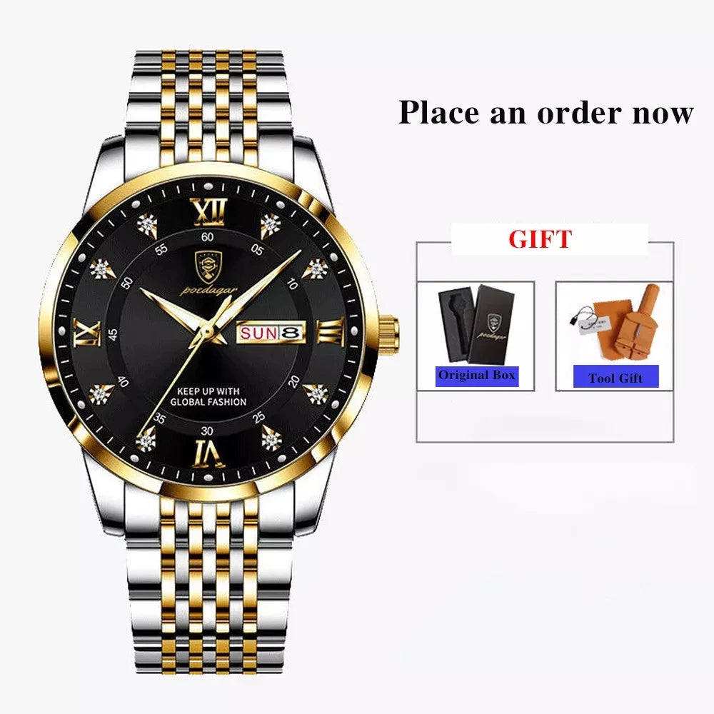 Poedagar 836 Wrist Watch Men Diamond Quartz Watches Stainless Steel Relojes Hombre Waterproof Luminous Calendar Watch for Men