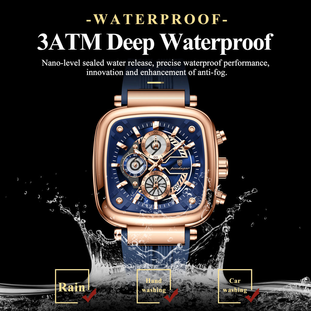 POEDAGAR 849 Men's Quartz Chronograph Watch 3ATM Waterproof Square Case Silicone Strap Fashion Sport Wristwatch