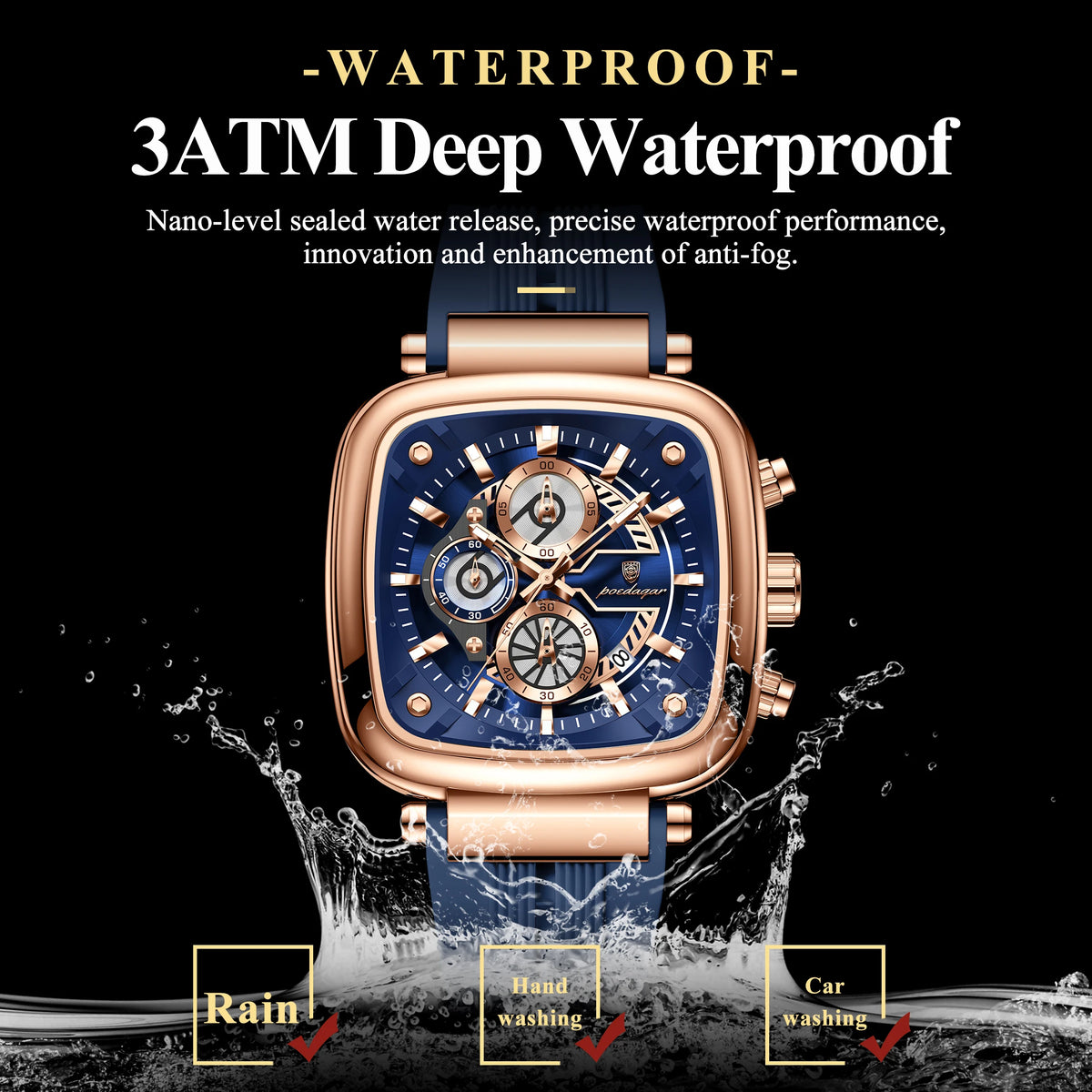 POEDAGAR 849 Men's Quartz Chronograph Watch 3ATM Waterproof Square Case Silicone Strap Fashion Sport Wristwatch