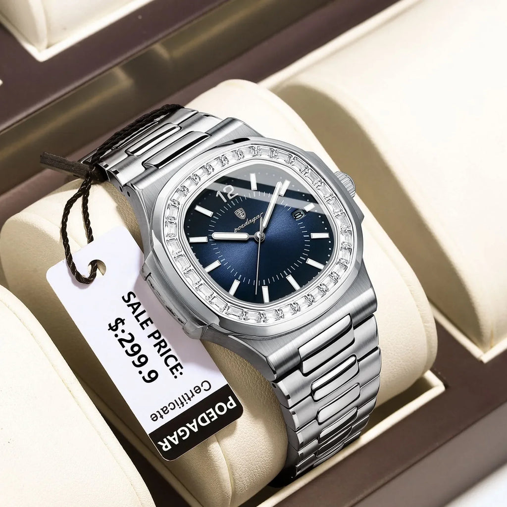 Poedagar Luxury Men Quartz Watch Fashion Square Reloj Waterproof Luminous Date Stainless Steel Watch for Men