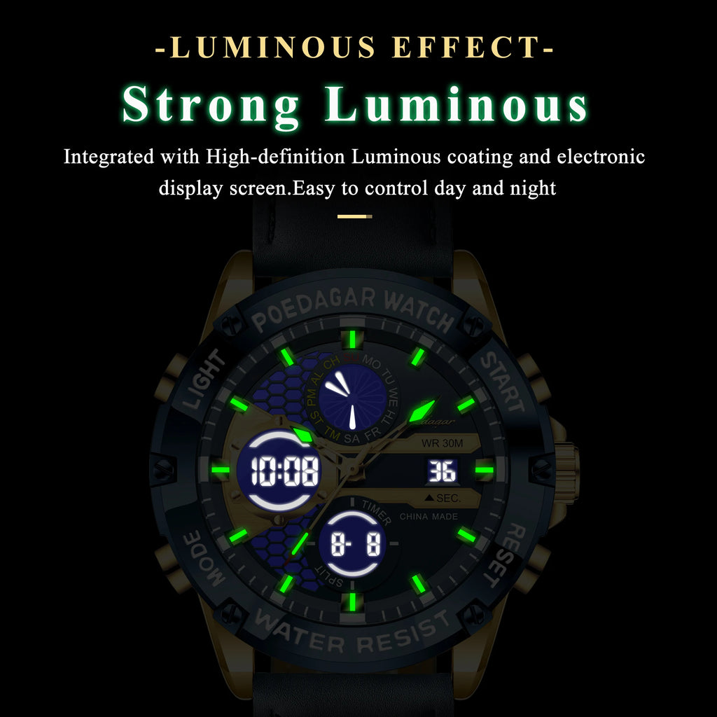 Poedagar E125 Men Dual Display Watch Digital Analog Waterproof Quartz Watch Luminous Leather Strap Sports Wristwatch for Men