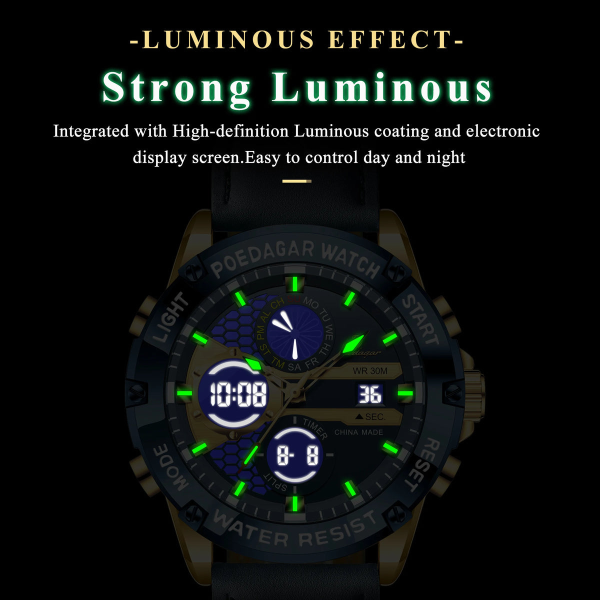 Poedagar E125 Men Dual Display Watch Digital Analog Waterproof Quartz Watch Luminous Leather Strap Sports Wristwatch for Men
