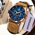 Poedagar 628 Mens Quartz Watch Chronograph Blue Dial Leather Strap Montre Waterproof Luminous Calendar Wrist Watch Sport Watches