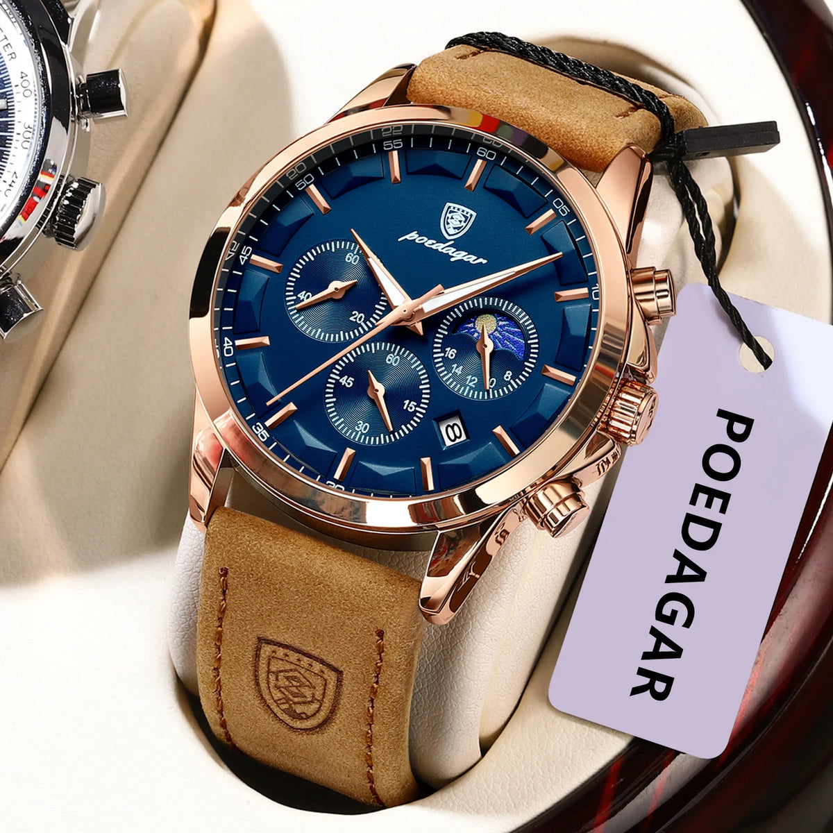 Poedagar 628 Mens Quartz Watch Chronograph Blue Dial Leather Strap Montre Waterproof Luminous Calendar Wrist Watch Sport Watches
