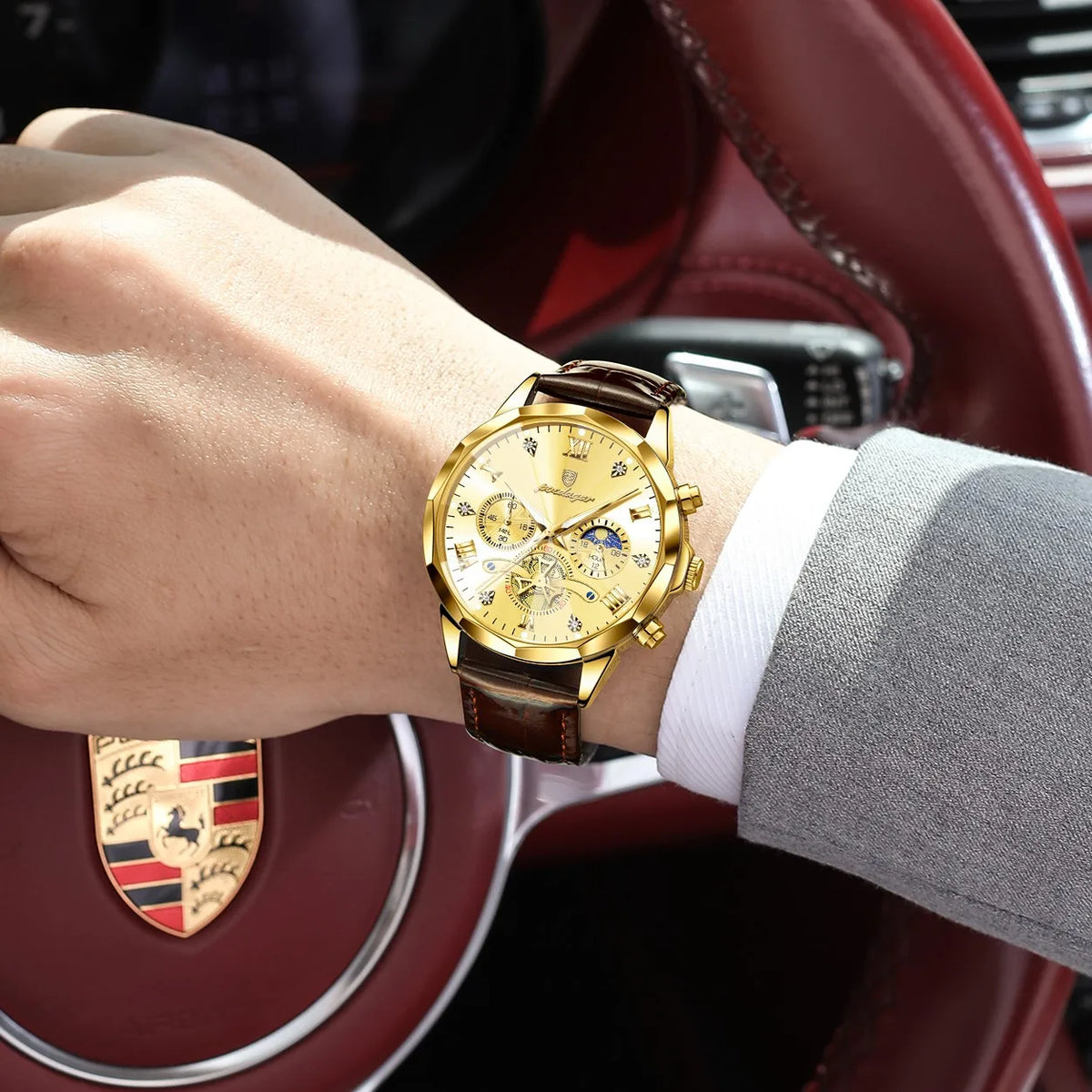 Watch for Men Luxury Poedagar 938 All Gold Dial Reloj Leather Strap Chronograph Quartz Watches Luminous Waterproof Men's Watch
