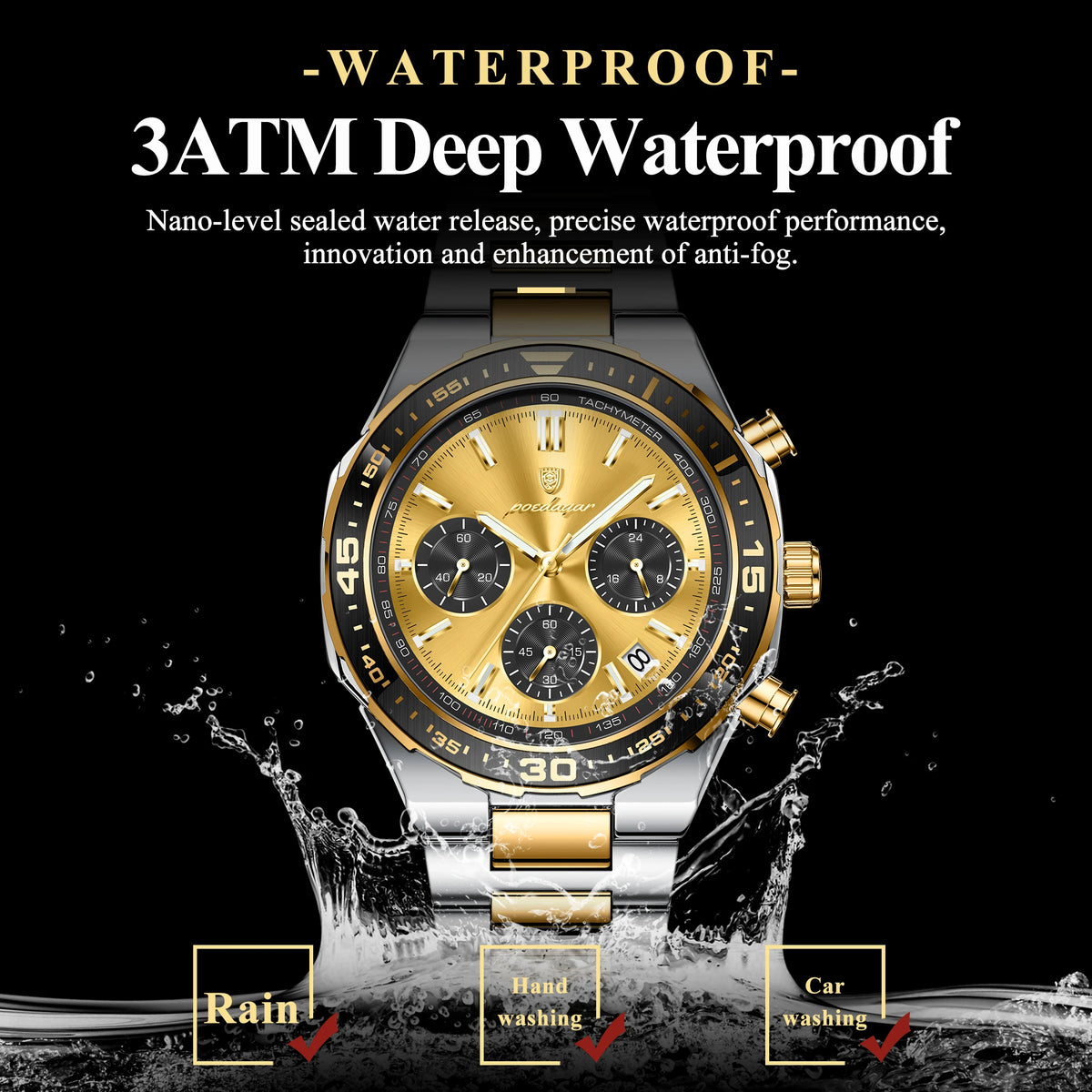 Poedagar 697 2-Tone Gold Mens Luxury Business Sport Chronograph Watch Tachymeter Luminous Date 3ATM Waterproof Factory Wholesale