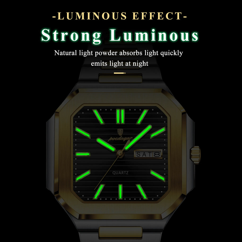 Men's Watch Luxury Poedagar 672 Square Case Stainless Steel Bracelet Quartz Watches Reloj Date Luminous Waterproof Watch for Men