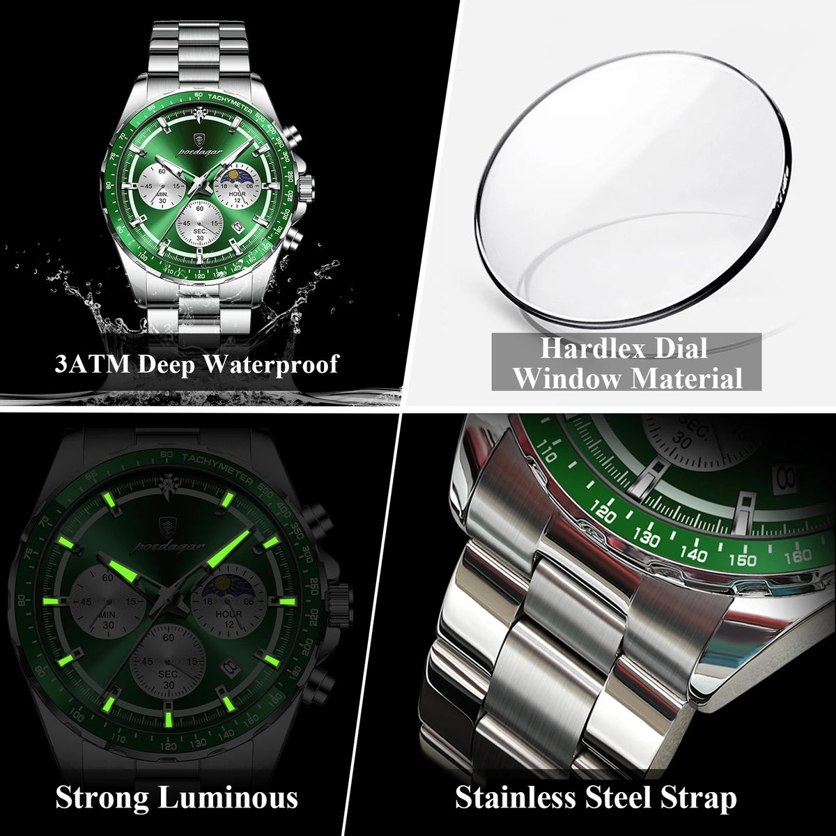 Watch for Men Luxury Poedagar 879 Original Chronograph Quartz Watches Date Waterproof Montre Luminous Stainless Steel Mens Watch