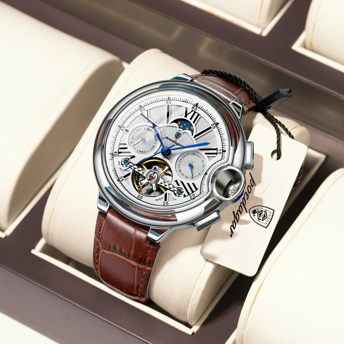 Poedagar 1413 Luxury Men's Automatic Mechanical Watch Hollow Tourbillon Leather Strap Reloj Luminous Waterproof Watch for Men