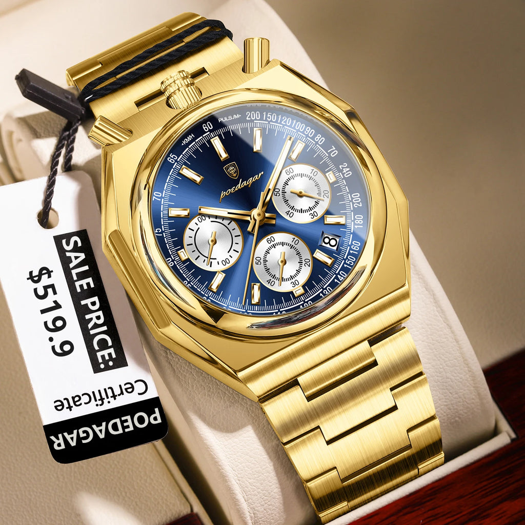 Poedagar Quartz Business Watch for Men Waterproof Luminous Multi-Function Chronograph Stainless Steel Watch for Men